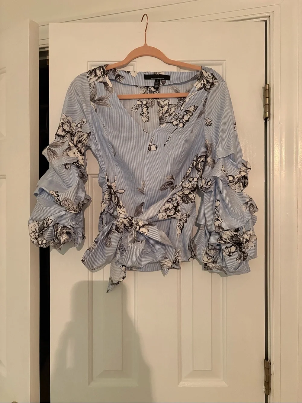 White House Black Market Floral Ruffle Wrap Top - Light Blue